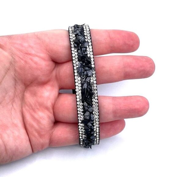 Black Faux Leather with Crystal and Chip Boho Adjustable Bracelet - Picture 7 of 9